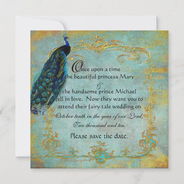 Save The Date Fairy Tale Gold Filigree Peacock & Crown (Devant)