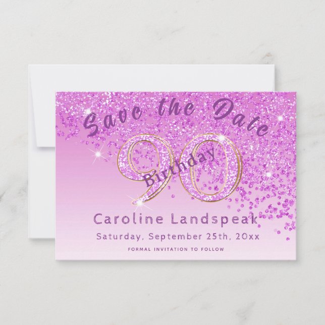 Save The Date Falling Pink Parties scintillant for 90th Birthday (Devant)