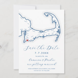 Save The Date Falmouth MA Cape Cod Map Marine Blue Mariage