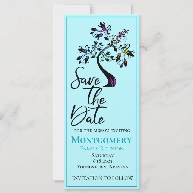 Save The Date Famille Réunion Bleu Moderne Arbre Floral (Devant)