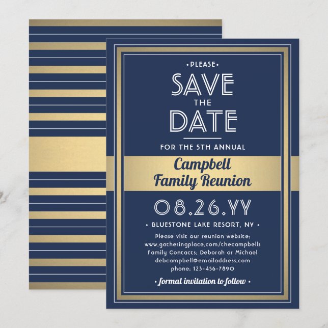 Save The Date Famille Réunion Moderne Elégant Marine Bleu Or Bla (Devant / Derrière)