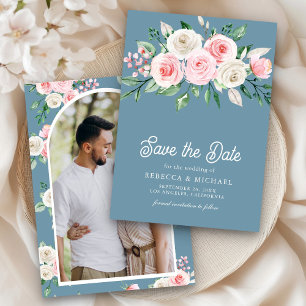 Save The Date Fard Rose Floral Bleu Poussiéreux Photo Mariage
