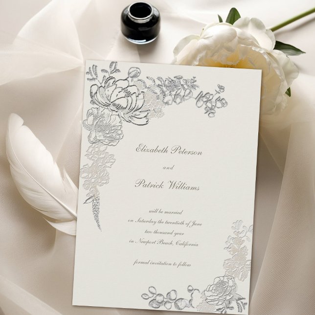 Save The Date Fausse calligraphie de pivoine en relief, mariage  (formal traditional elegant calligraphy wedding save the date  faux embossed peony ecru classic)