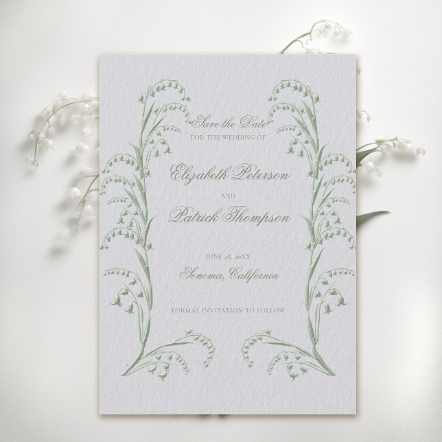 Save The Date Faux Embossé Lily Valley Green Mariage officiel (formal wedding save the date classic traditional faux embossed lily of the valley frame ivory green)