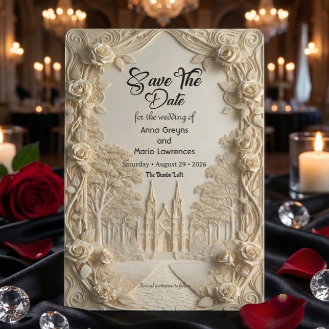 Save The Date Faux Embossed Relief Ivory Baroque Stone (Créateur téléchargé)