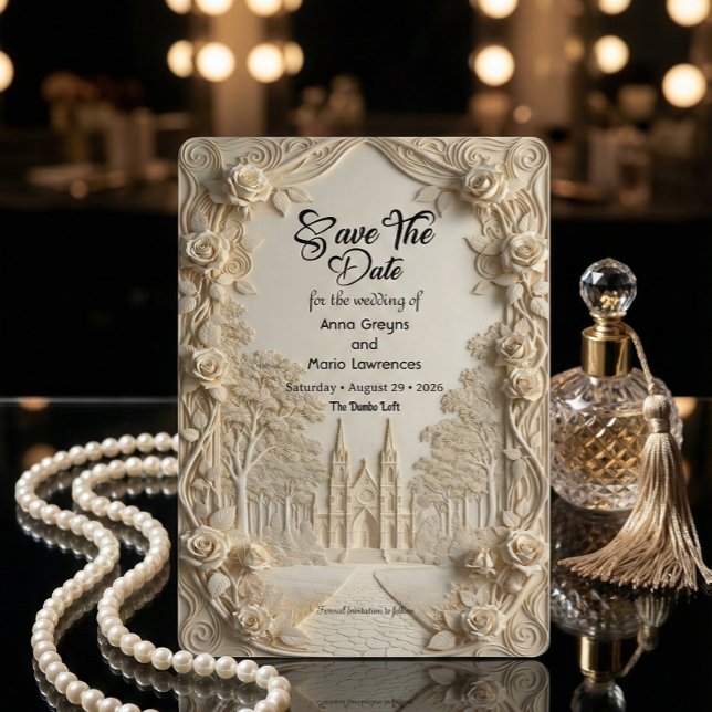 Save The Date Faux Embossed Relief Ivory Baroque Stone (Créateur téléchargé)