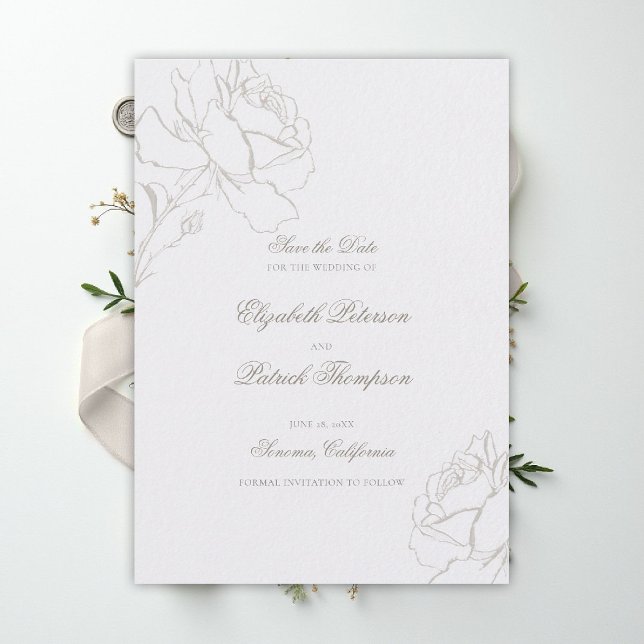 Save The Date Faux Embossed Roses Pearl Formal Classic Wedding (ethereal wedding theme white save the date formal traditional modern classic floral roses elevated)