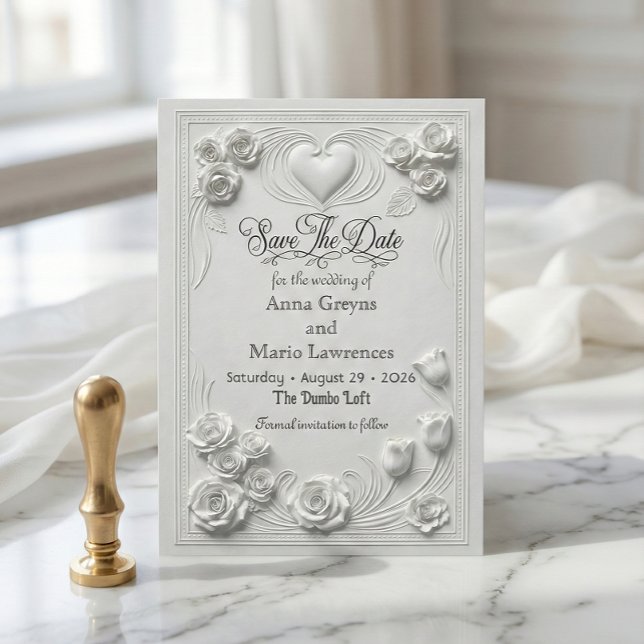 Save The Date Faux Embossed White Rose Relief (Créateur téléchargé)