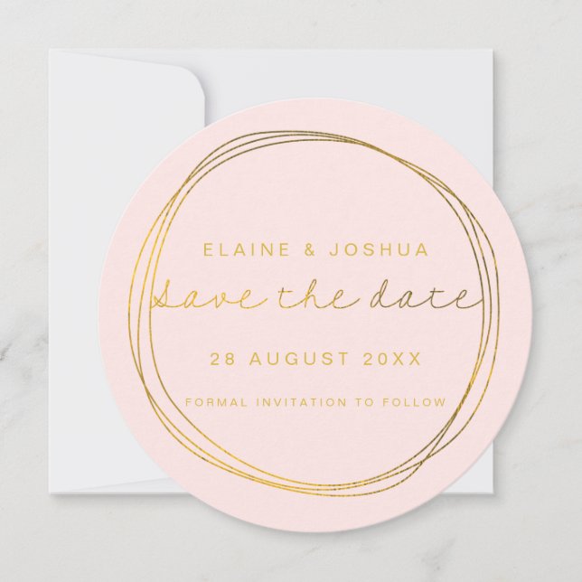 Save The Date Faux Gold Abstrait Scribble Circle Blush & Gold (Devant)