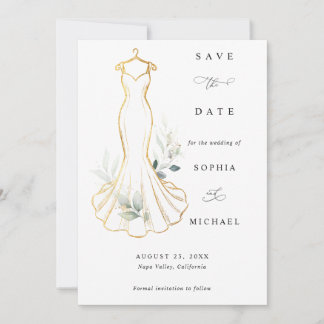 Save The Date Faux Gold and Greenery Wedding Dress