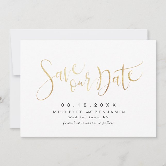 Save The Date Faux Gold Modern Simple Script Enregistrer La Date (Devant)