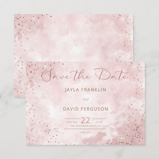 Save The Date Faux Gold Parties scintillant & Pink Modern Mariag (Devant / Derrière)