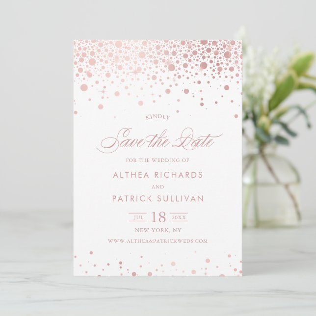 Save The Date Faux rose doré confettis points mariage (Debout devant)