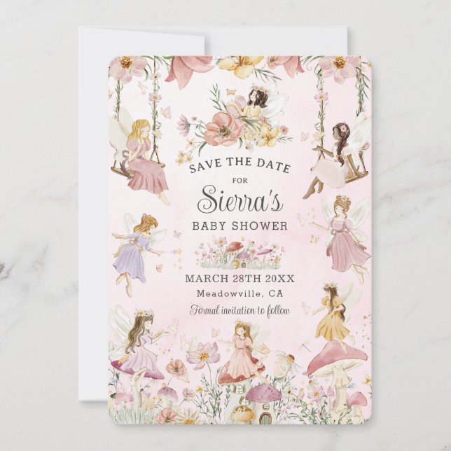 Save The Date Fées de Whimsical Baby shower Fleur Jardin Pré (Devant)