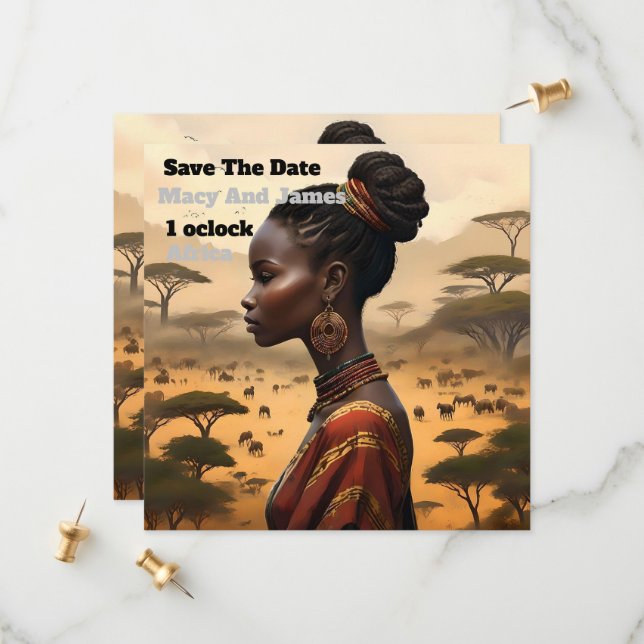 Save The Date Femme Tribale Qui Regarde Son Paysage Africain, (Devant/Arrière en situation)