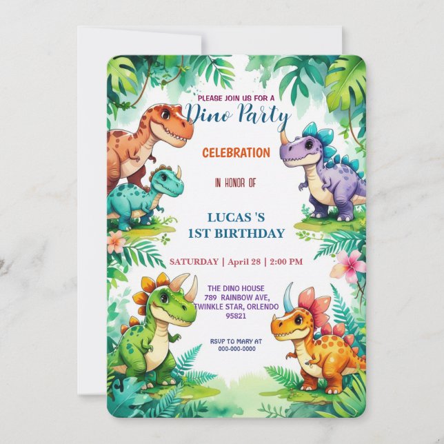 Save The Date Fête d'anniversaire 1 an fleur sauvage dinosaure m (Devant)