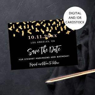 Save The Date Fête d'anniversaire de confettis d'or noir