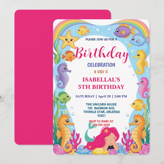 Save The Date Fête d'anniversaire de la sirène rose (Devant / Derrière)