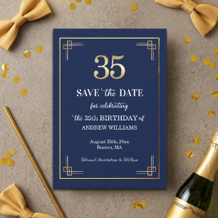 Save The Date Fête d'anniversaire élégante bleu or 35 ans
