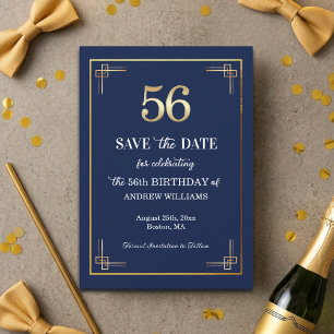 Save The Date Fête d'anniversaire élégante Bleu Or 56 ans
