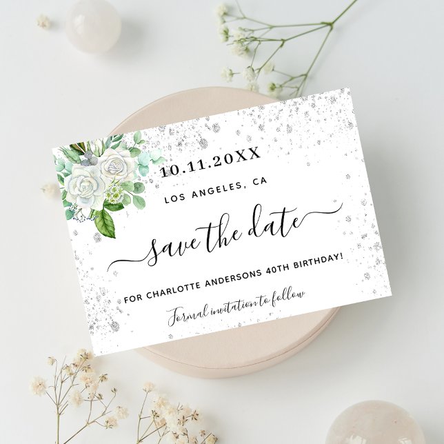 Save The Date Fête d'anniversaire floral blanc vert élégant (Créateur téléchargé)