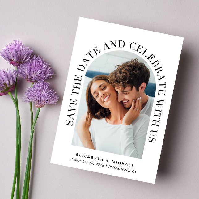 Save The Date Fête de la photo d'arc moderne (Celebrate your love story with a save the date showcasing your photo in an elegant arch frame)