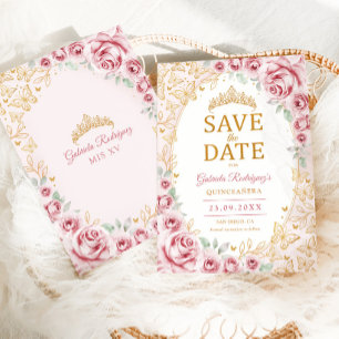 Save The Date Fête de Quinceañera florale en or rose