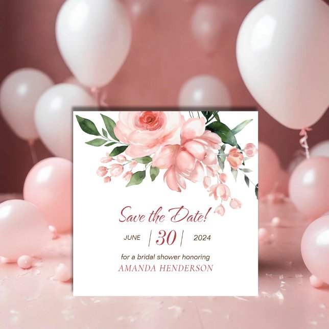 Save The Date Fête des mariées d'aquarelle florale rose pâle (Blush Pink Rose Floral Watercolor Bridal Shower Save The Date)