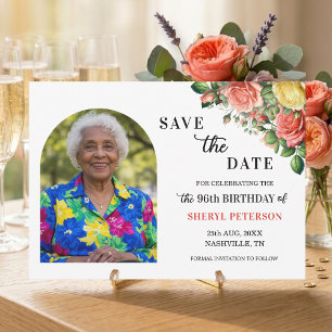 Save The Date Fête élégante de 96 ans avec fleurs et photos
