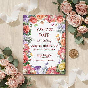 Save The Date Fête élégante et colorée de fleurs pour les 100 an