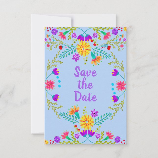 Save The Date Fête Florale Mexicaine & Papel Picado - Bleu clair (Devant)