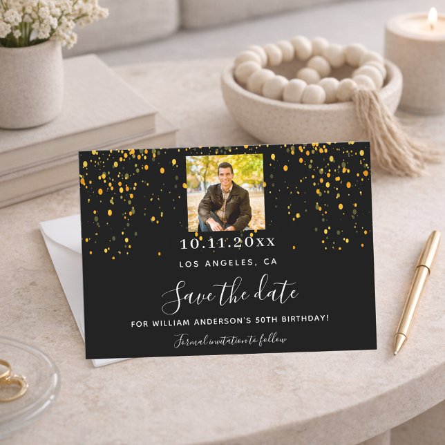 Save The Date Fête photo en or noir confetti (Créateur téléchargé)