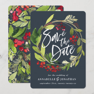 Save The Date feuillage botanique d'hiver vert rouge aquarelle s