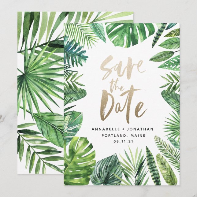 Save The Date Feuillage de feuille de palme tropicale et écritur (Devant / Derrière)