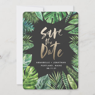 Save The Date Feuillage de feuille de palme tropicale et écritur