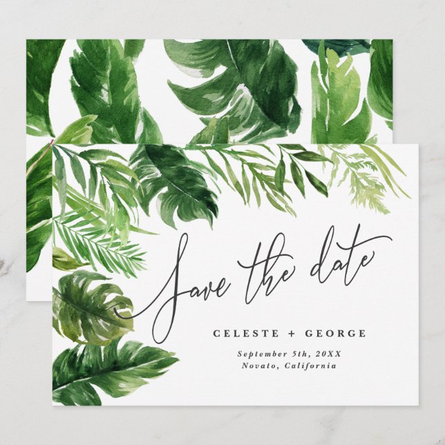 Save The Date Feuillage floral aquarelle tropicale pour save the (Devant / Derrière)