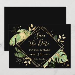 Save The Date Feuillage Tropical Noir et Or Géométrique Élégant