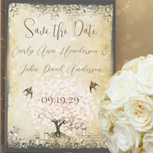 Save The Date Feuille de coeur Arbre rose Oiseau Vintage Enregis
