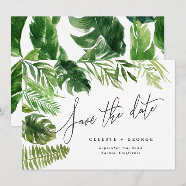 Save The Date Feuille de papier à fleurs aquarelle tropicale pou (Devant / Derrière)