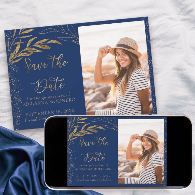 Save The Date Feuille d'or et calligraphie Royal Blue Photo (Quinceanera Save the Date with photo in blue, from my Gold Leaf Collection)