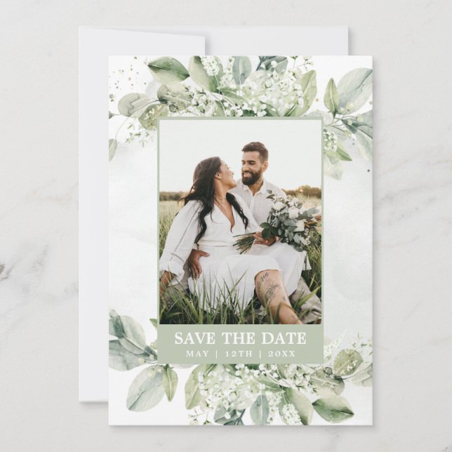 Save The Date Feuille verte sauge d'eucalyptus rustique photo (Devant)
