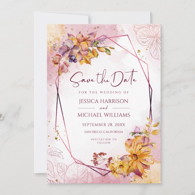 Save The Date Feuilles d'automne géométrique moderne Bourgogne C (Devant)