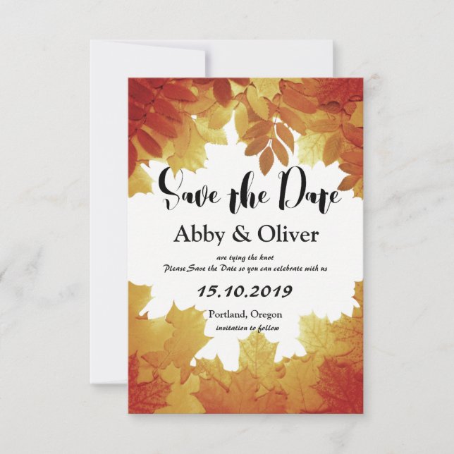 Save The Date Feuilles d'automne Mariage de automne Photo Enregi (Devant)