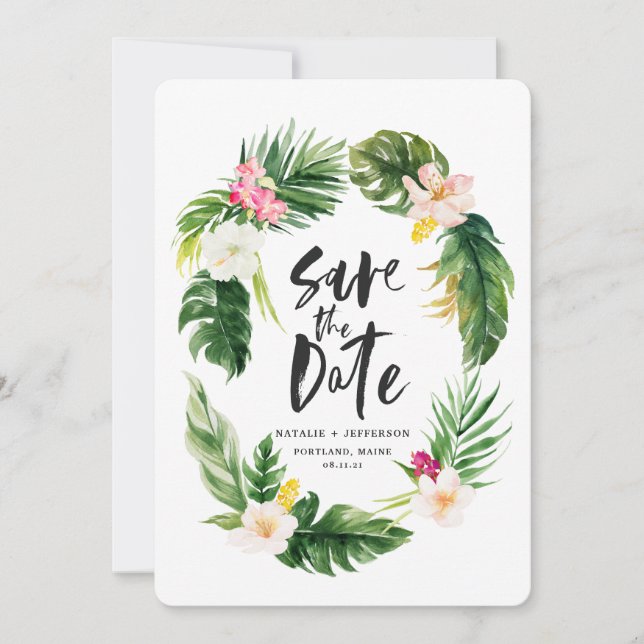 Save The Date Feuilles de palmier tropicales et aquarelle fleuri (Devant)