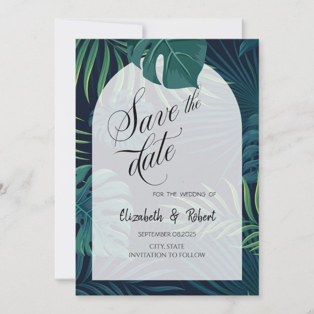 Save The Date Feuilles De Palmiers Exotiques Sauvegarder La Date (Devant)