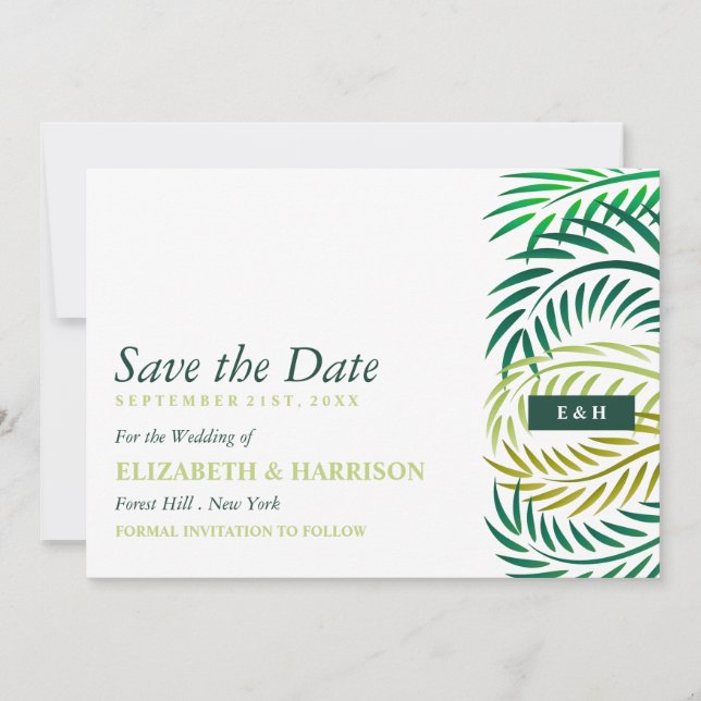Save The Date Feuilles de palmiers tropicaux, Mariage de plage (Devant)