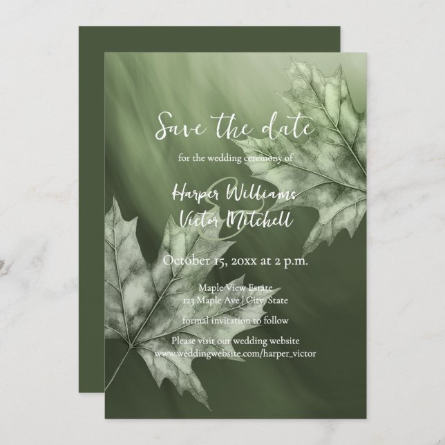 Save The Date feuilles d'érable accusant mariage de automne vert (Devant / Derrière)