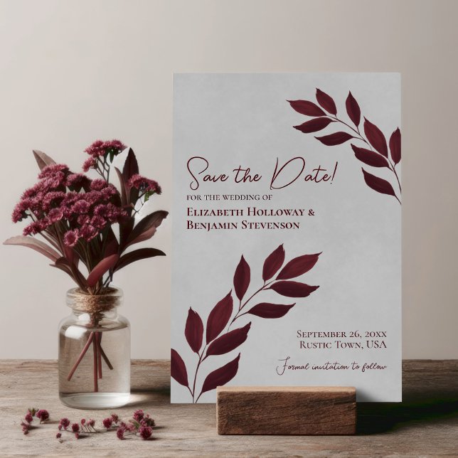 Save The Date Feuilles désireux Élégant Bourgogne sur Mariage gr (Créateur téléchargé)