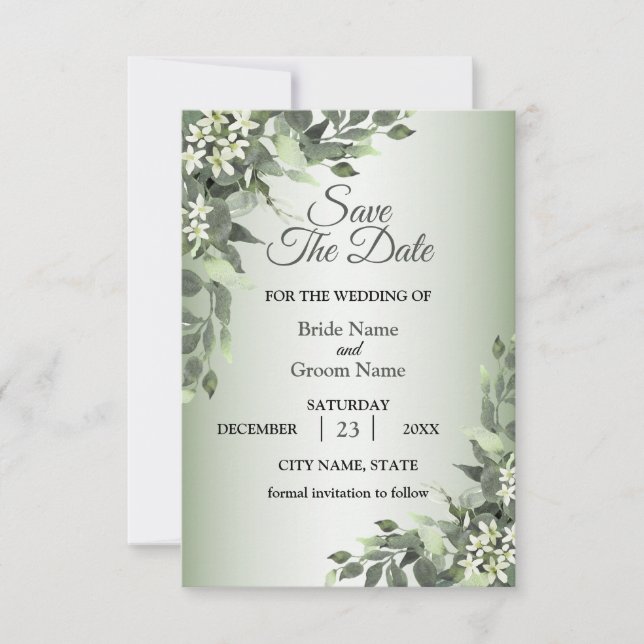 Save The Date Feuilles d'eucalyptus de verdure florale rustique (Devant)