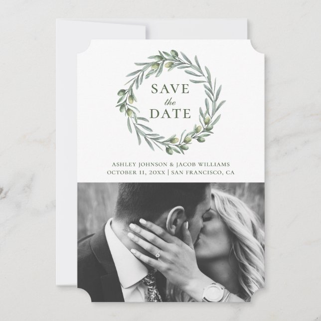 Save The Date Feuilles d'olive aquarelle. Couronne botanique. It (Devant)
